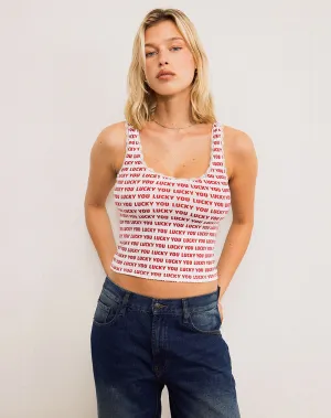 Carillo Top in White with Lucky You Text in Red