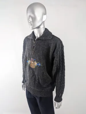 Carlo Colucci Vintage Mens Cable Knit & Embroidered Suede Sweater