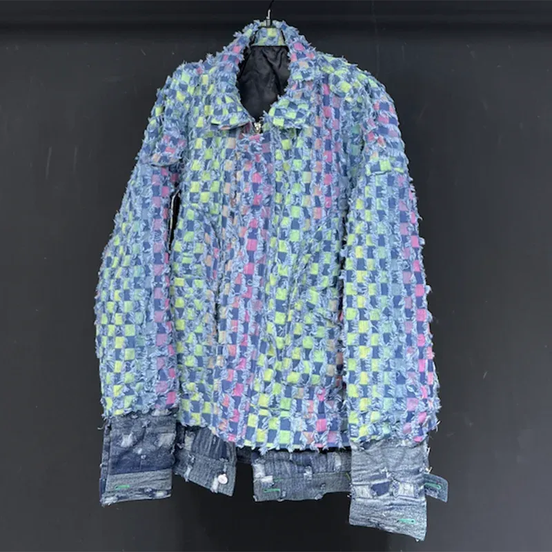 Checkered Patchwork Colorful Denim Jacket