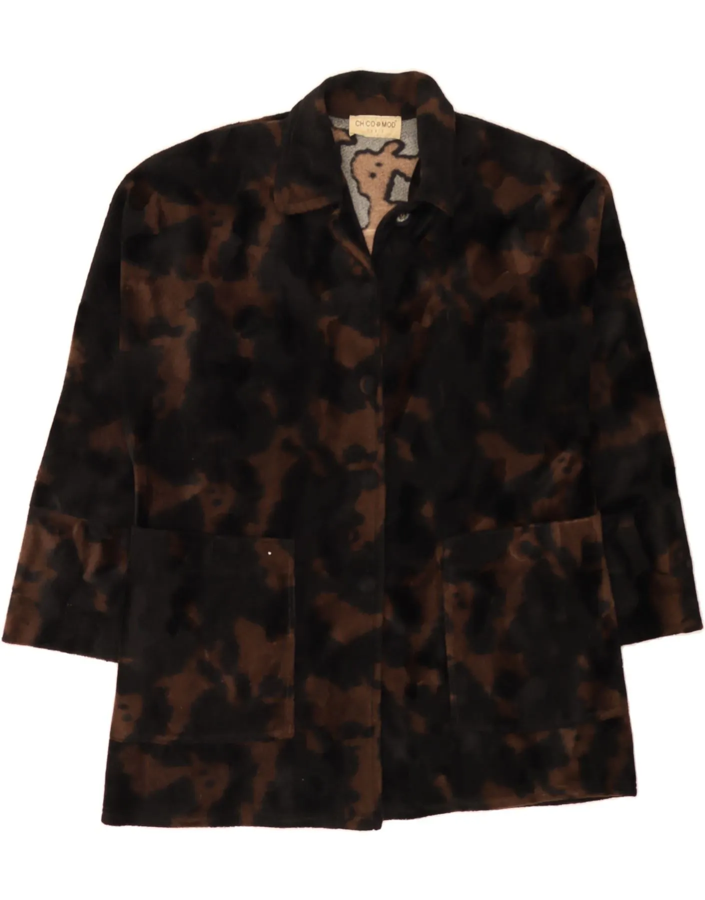 CHICO MOD PARIS Womens Fleece Overcoat UK 22 3XL Black Camouflage