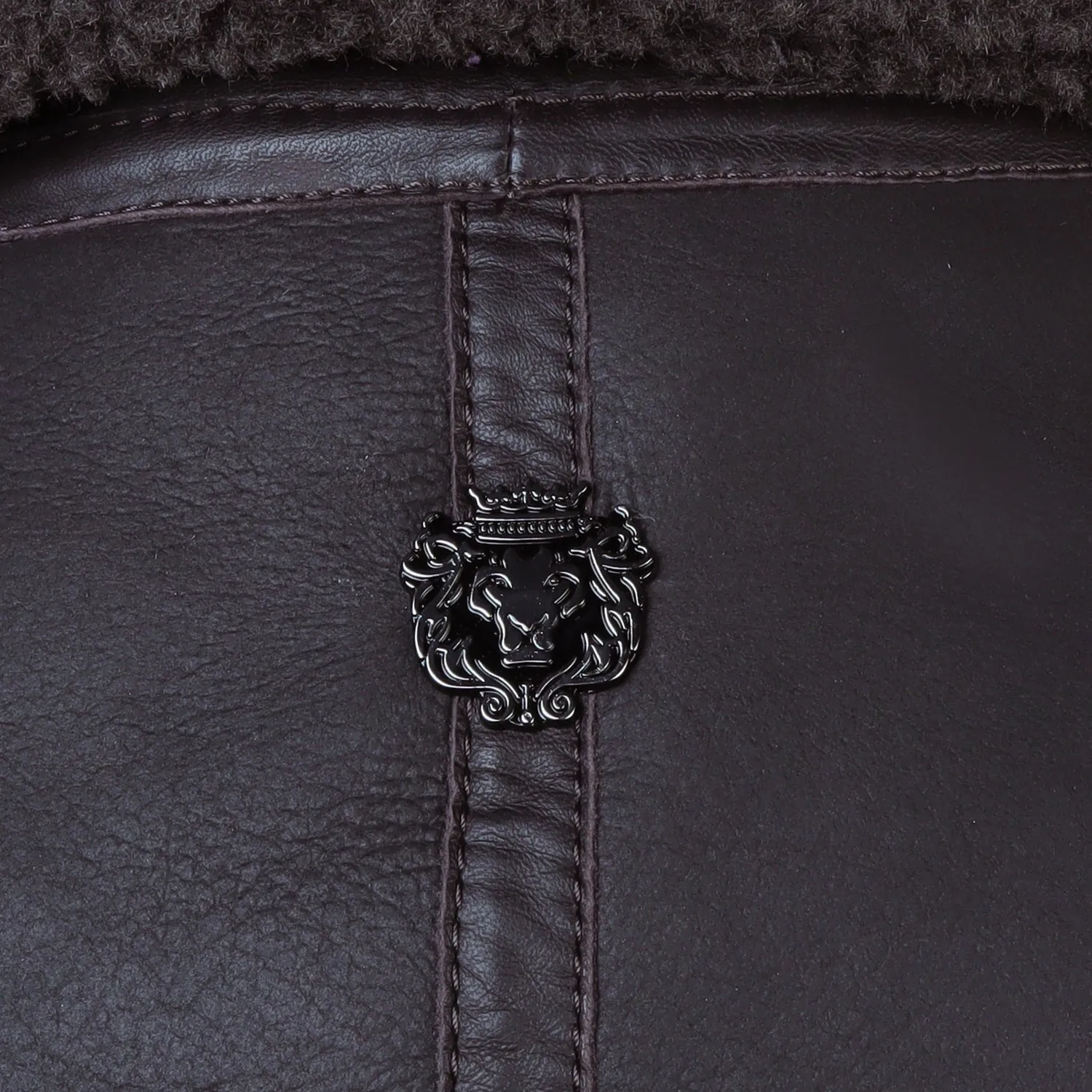 Classic Shearling Dark Brown Leather Contrasting Woven Collar Jacket with Metal Lion Logo by Brune & Bareskin