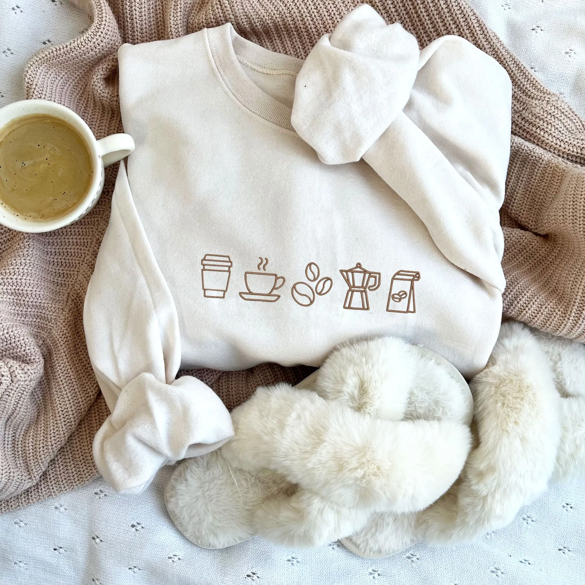 Coffee Icons Embroidered Gemma Crewneck Sweatshirt