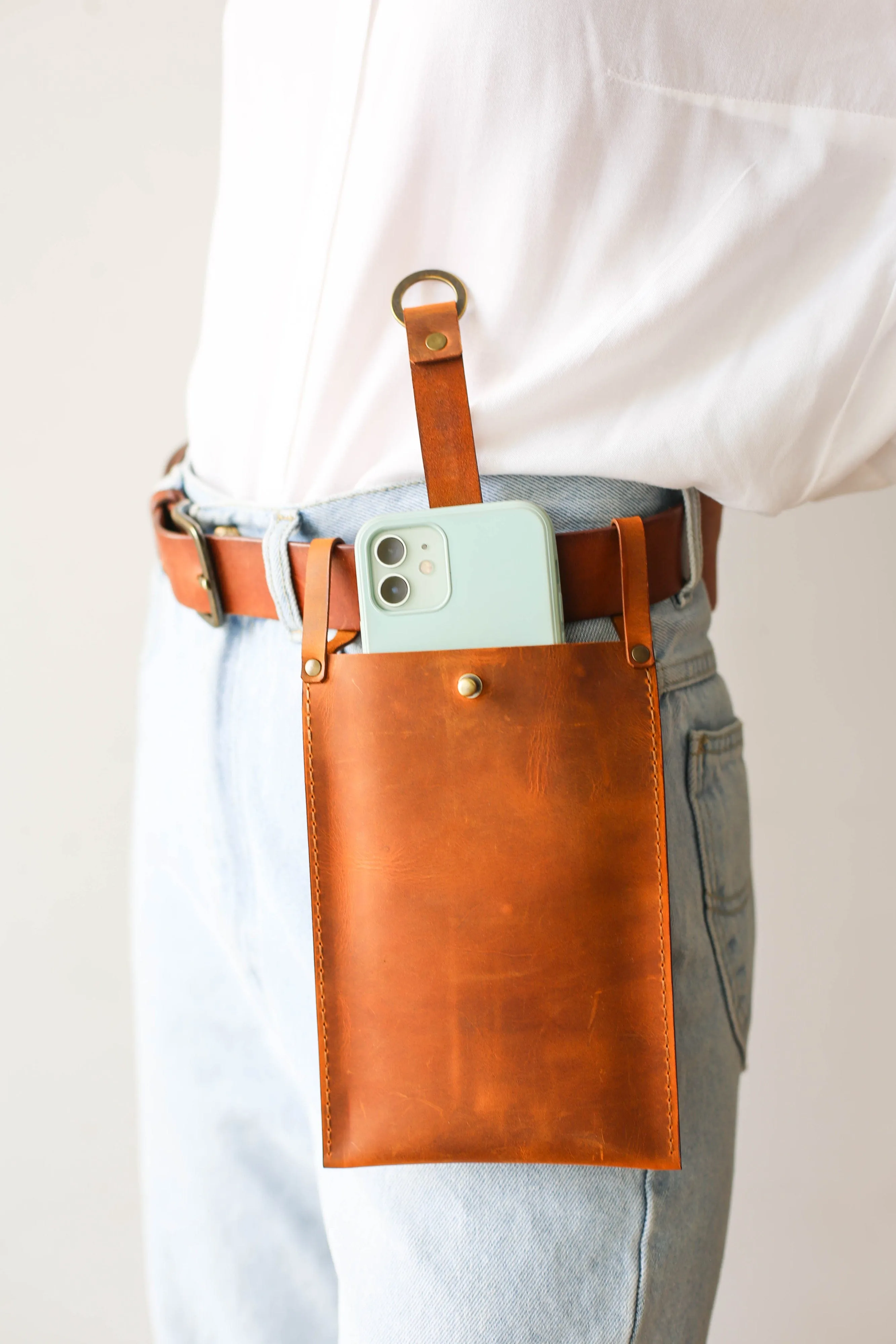 Cognac Brown Leather Phone Bag