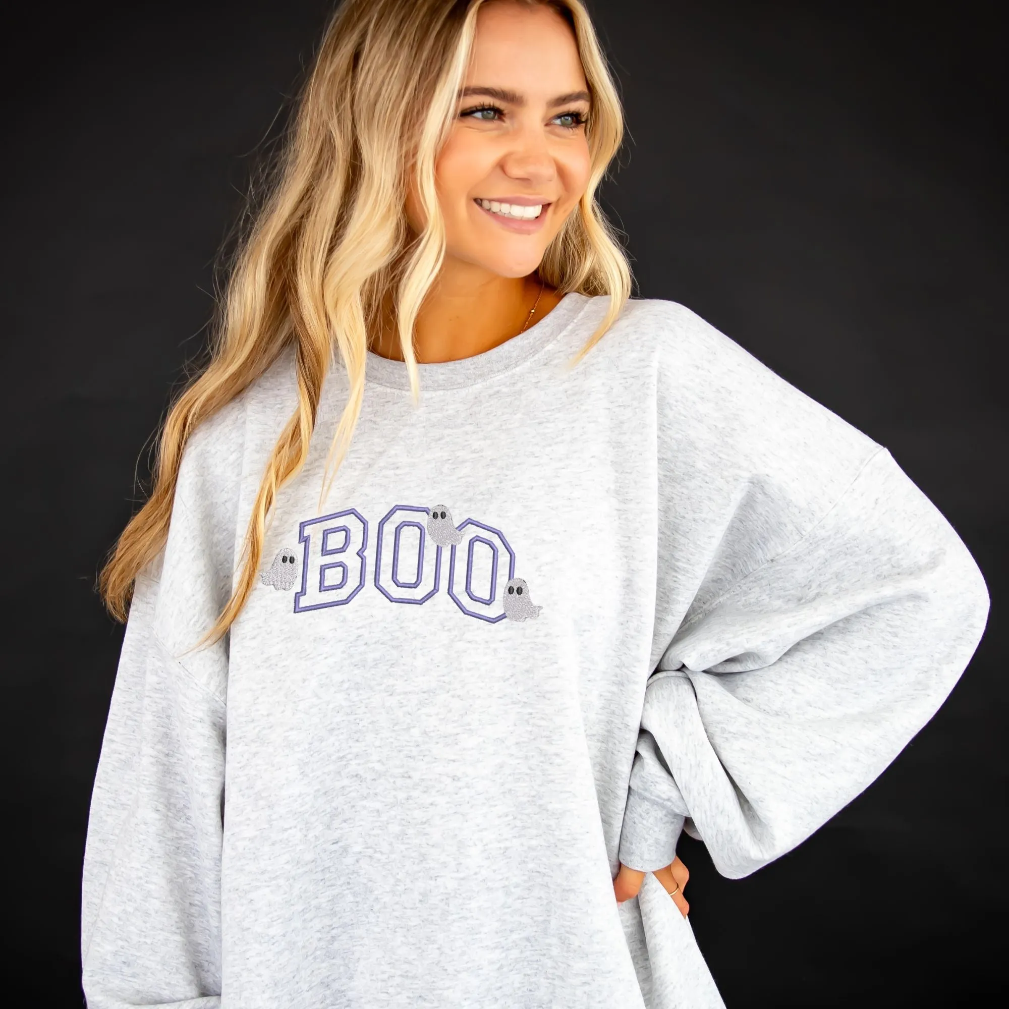 Customizable Boo With Embroidered Ghost Gemma Crewneck Sweatshirt