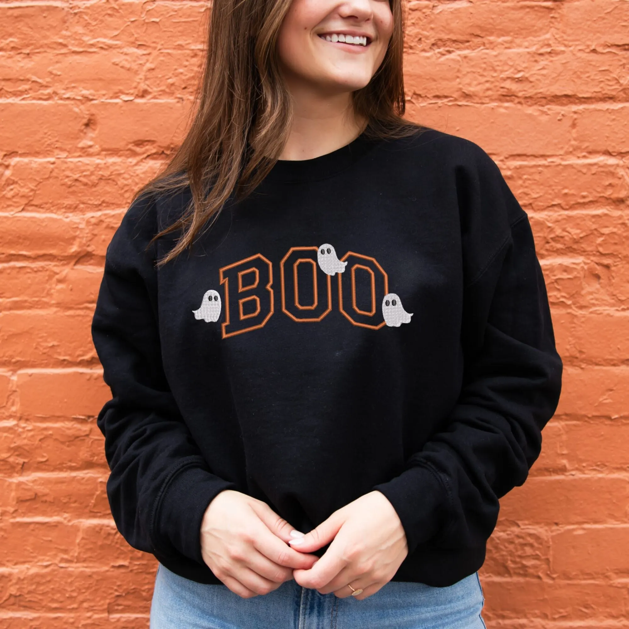 Customizable Boo With Embroidered Ghost Gemma Crewneck Sweatshirt