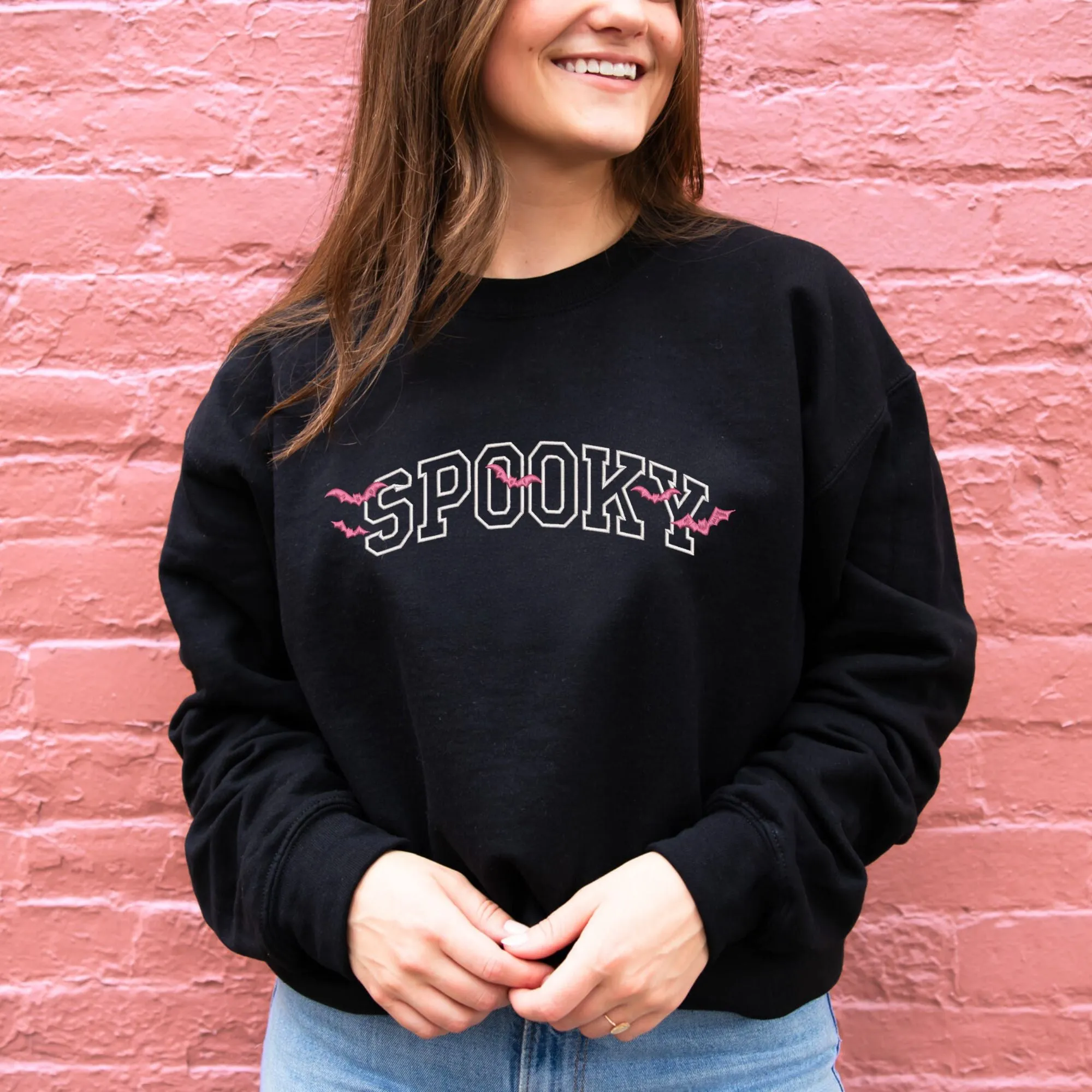 Customizable Spooky With Embroidered Bats Gemma Crewneck Sweatshirt