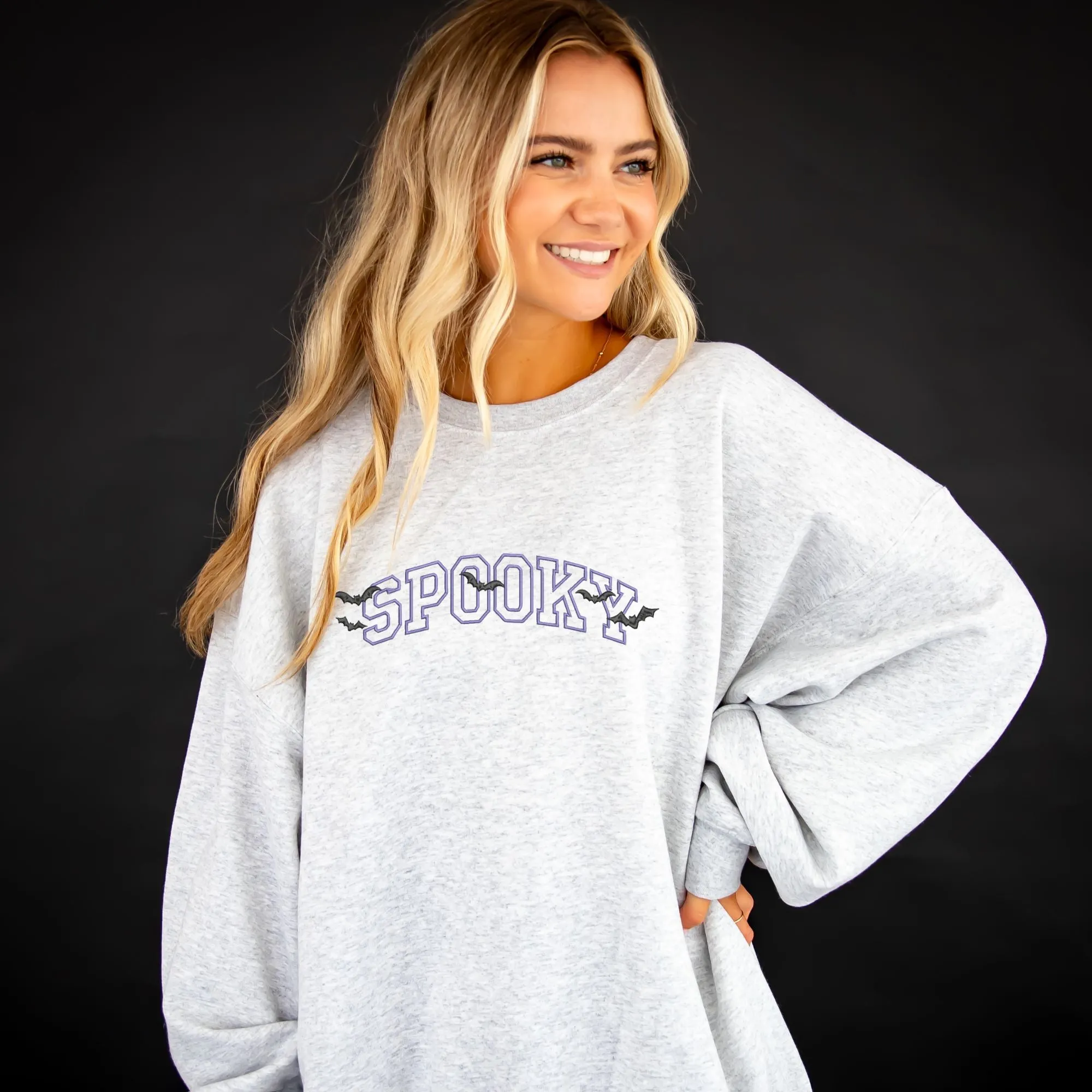 Customizable Spooky With Embroidered Bats Gemma Crewneck Sweatshirt