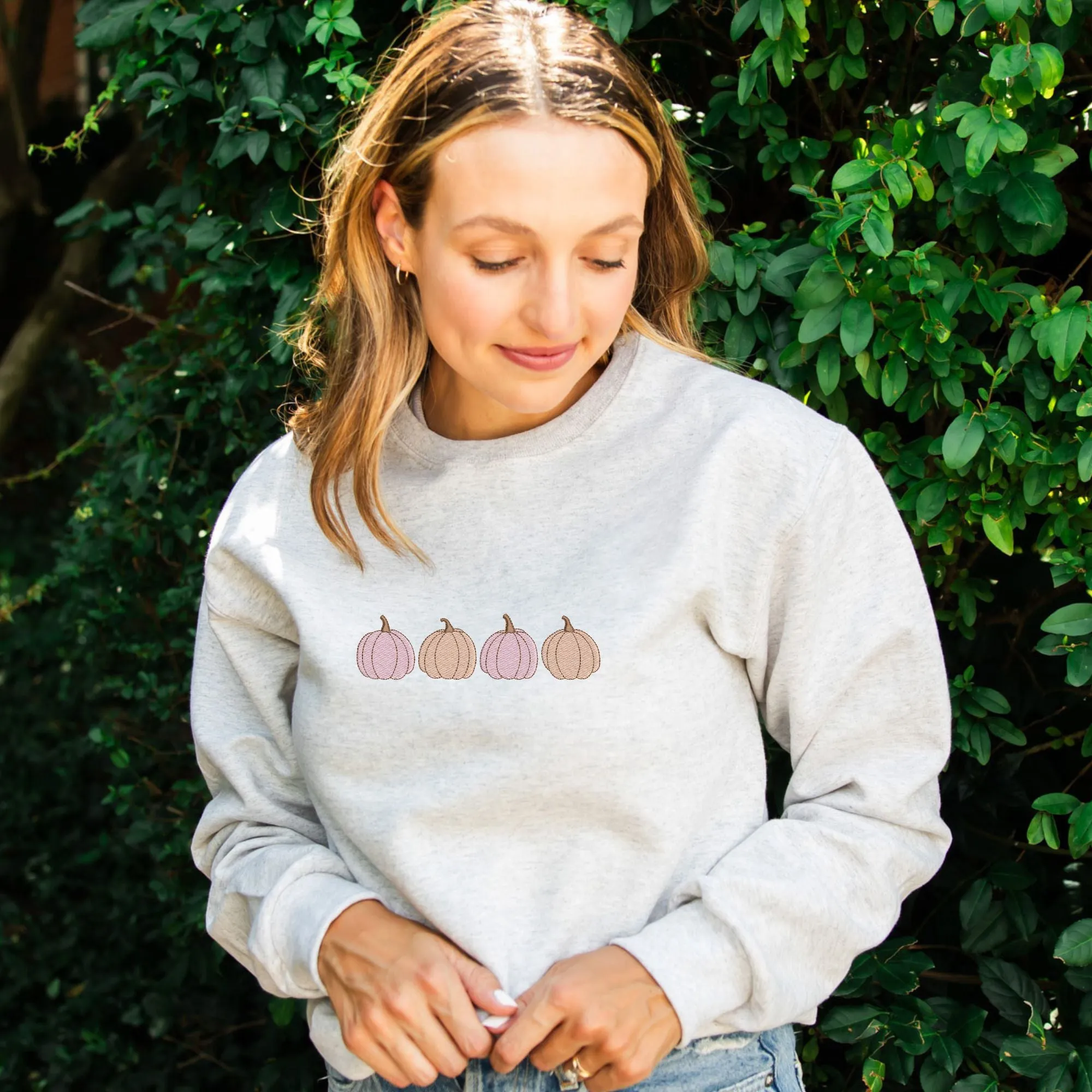 Cute Pink and Orange Pumpkins Embroidered Gemma Crewneck Sweatshirt