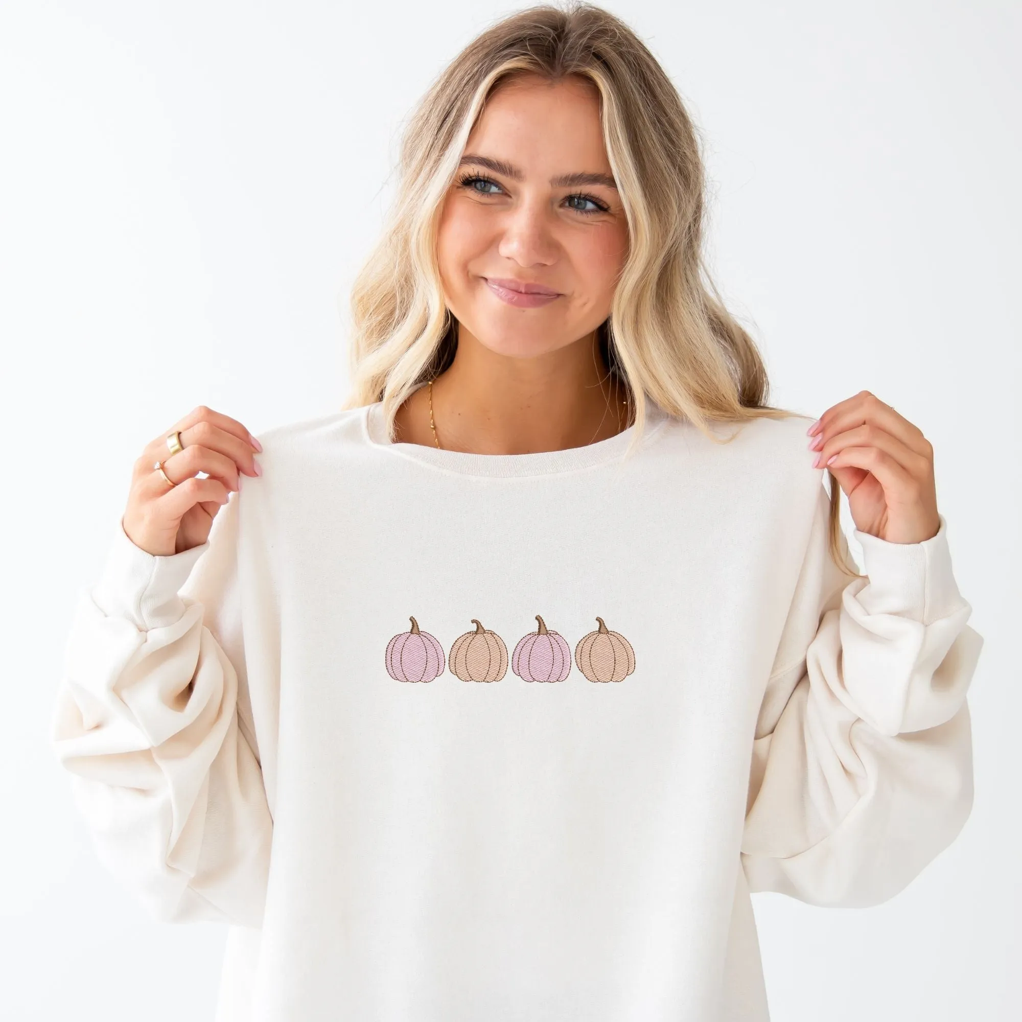 Cute Pink and Orange Pumpkins Embroidered Gemma Crewneck Sweatshirt