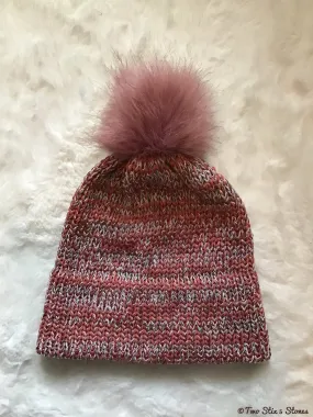 Deep Rose Tweed Beanie w/Brim & Faux Fur Pom