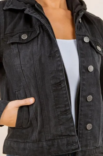 Denim Jacket with Zip-Up Hoodie Layer