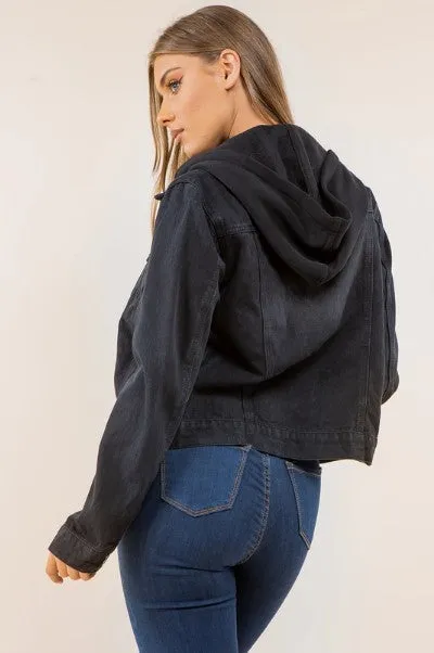 Denim Jacket with Zip-Up Hoodie Layer