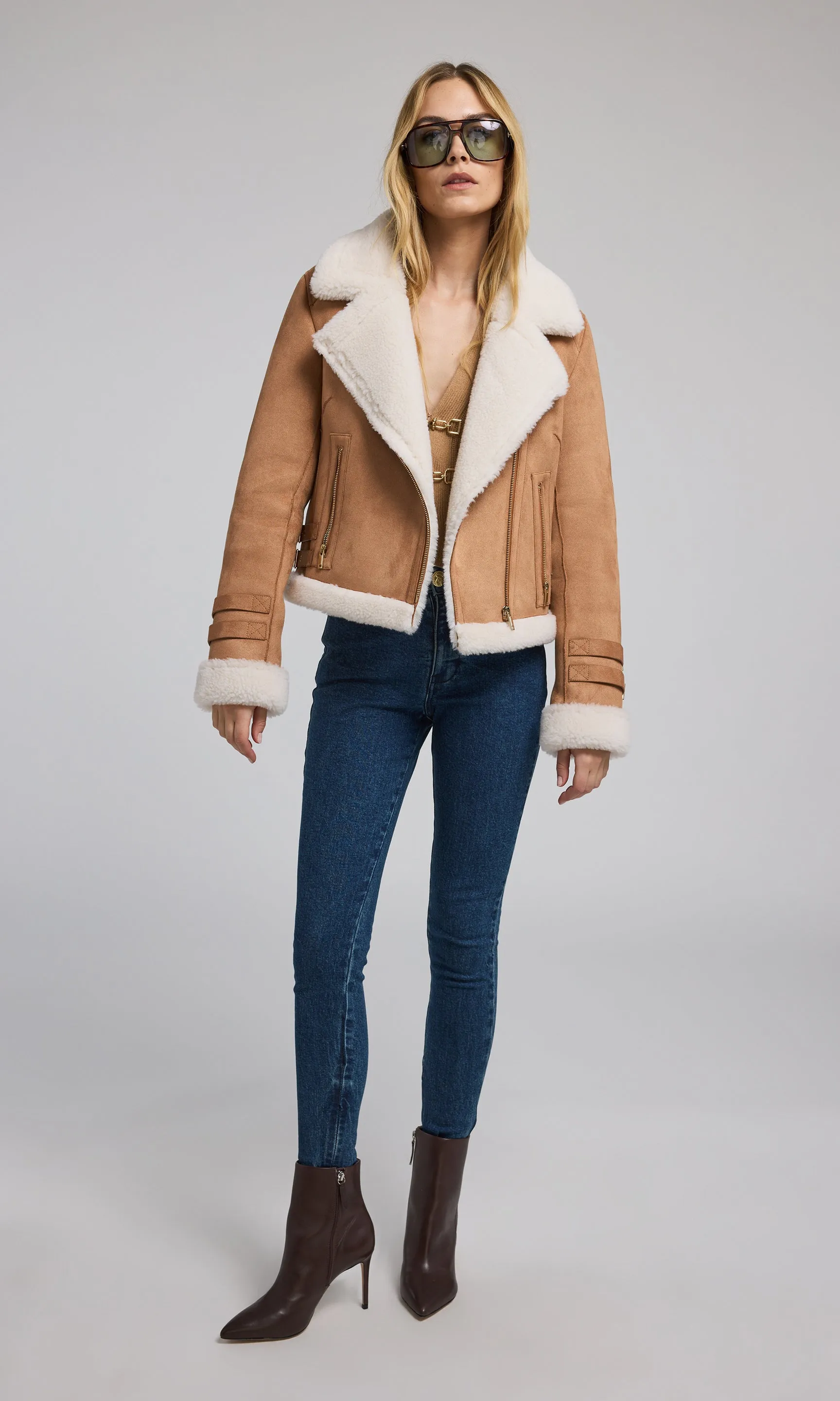 Dion Vegan Suede Shearling Moto Jacket