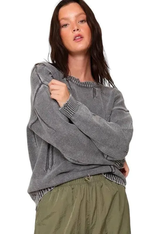 Distressed mineral wash cotton sweater