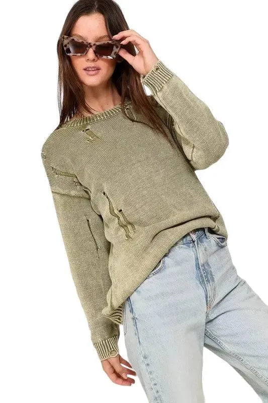 Distressed mineral wash cotton sweater