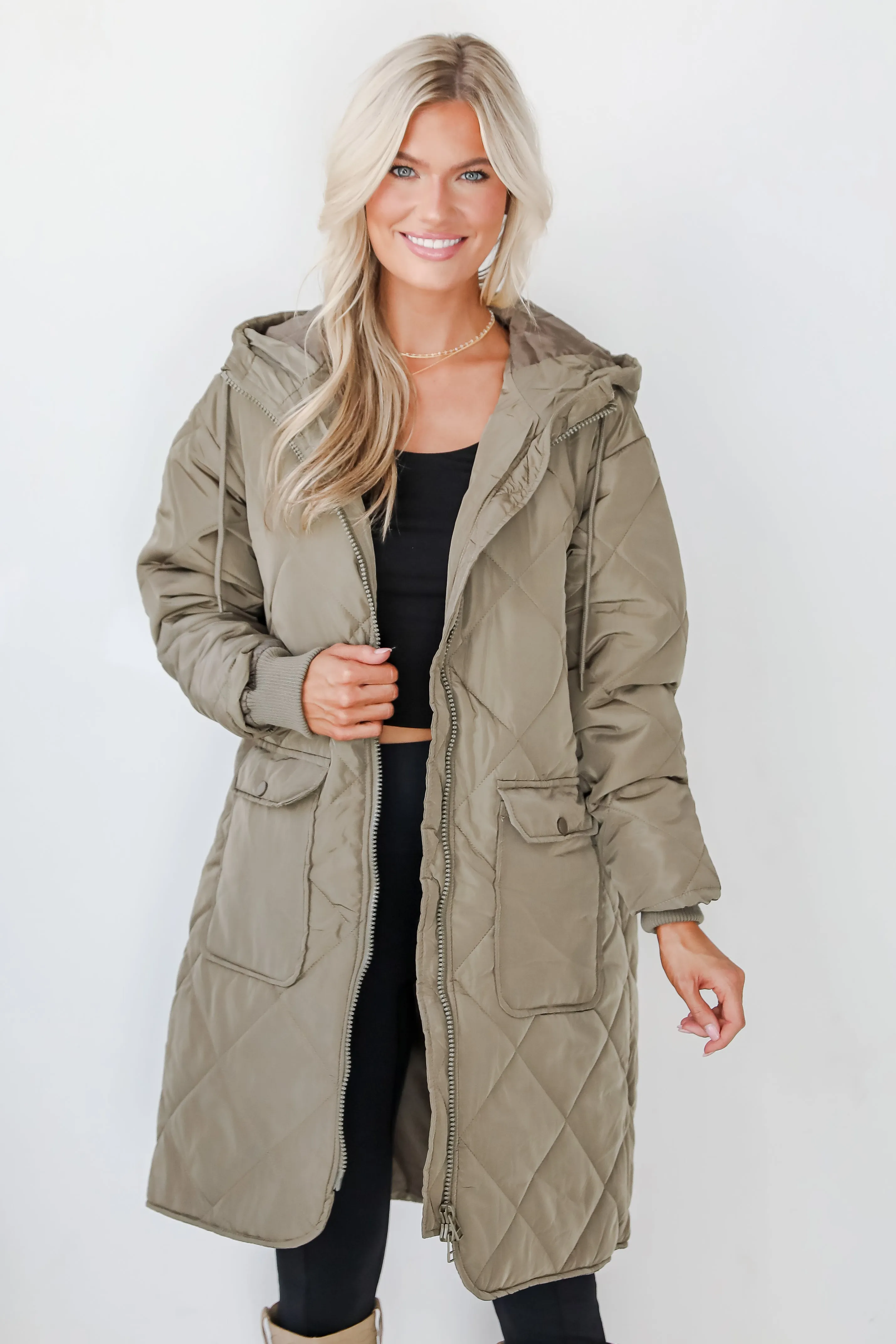 Elevated Season Olive Quilted Longline Hooded Jacket