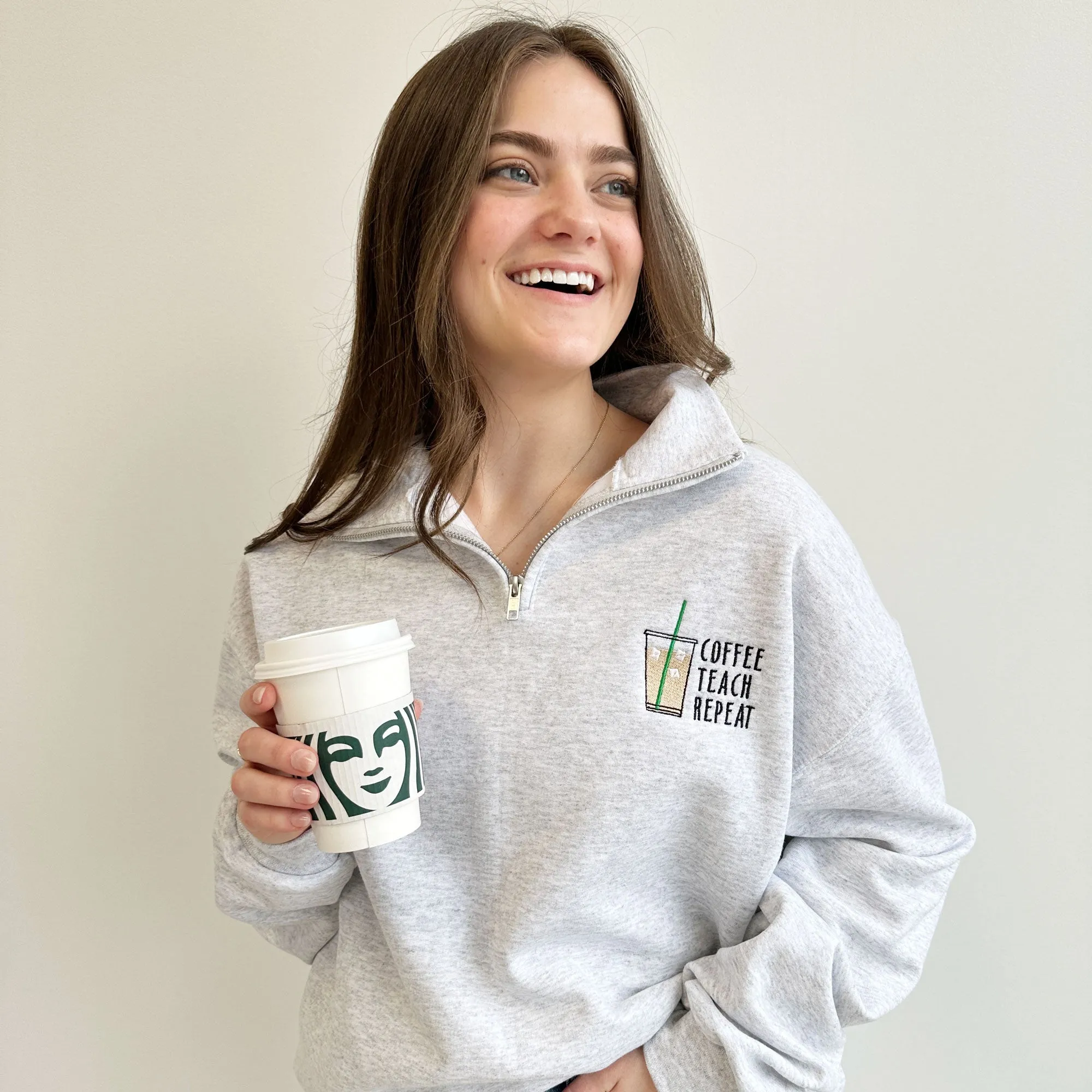 Embroidered Coffee Teach Repeat Teacher Jessie Quarter Zip