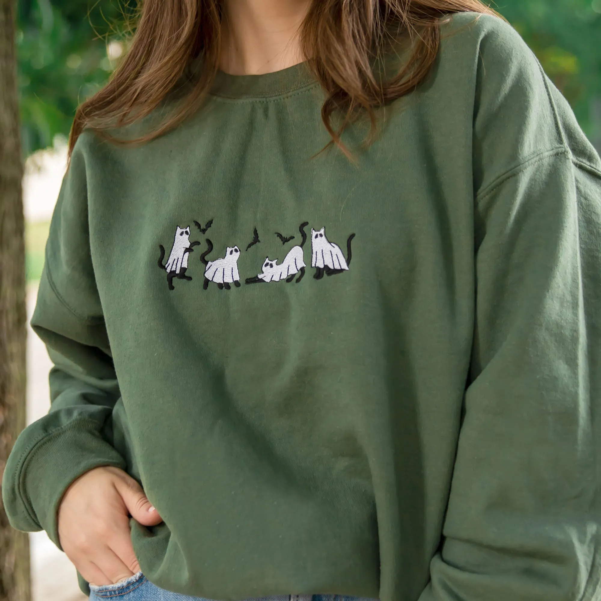 Embroidered Ghost Cat Gemma Crewneck Sweatshirt