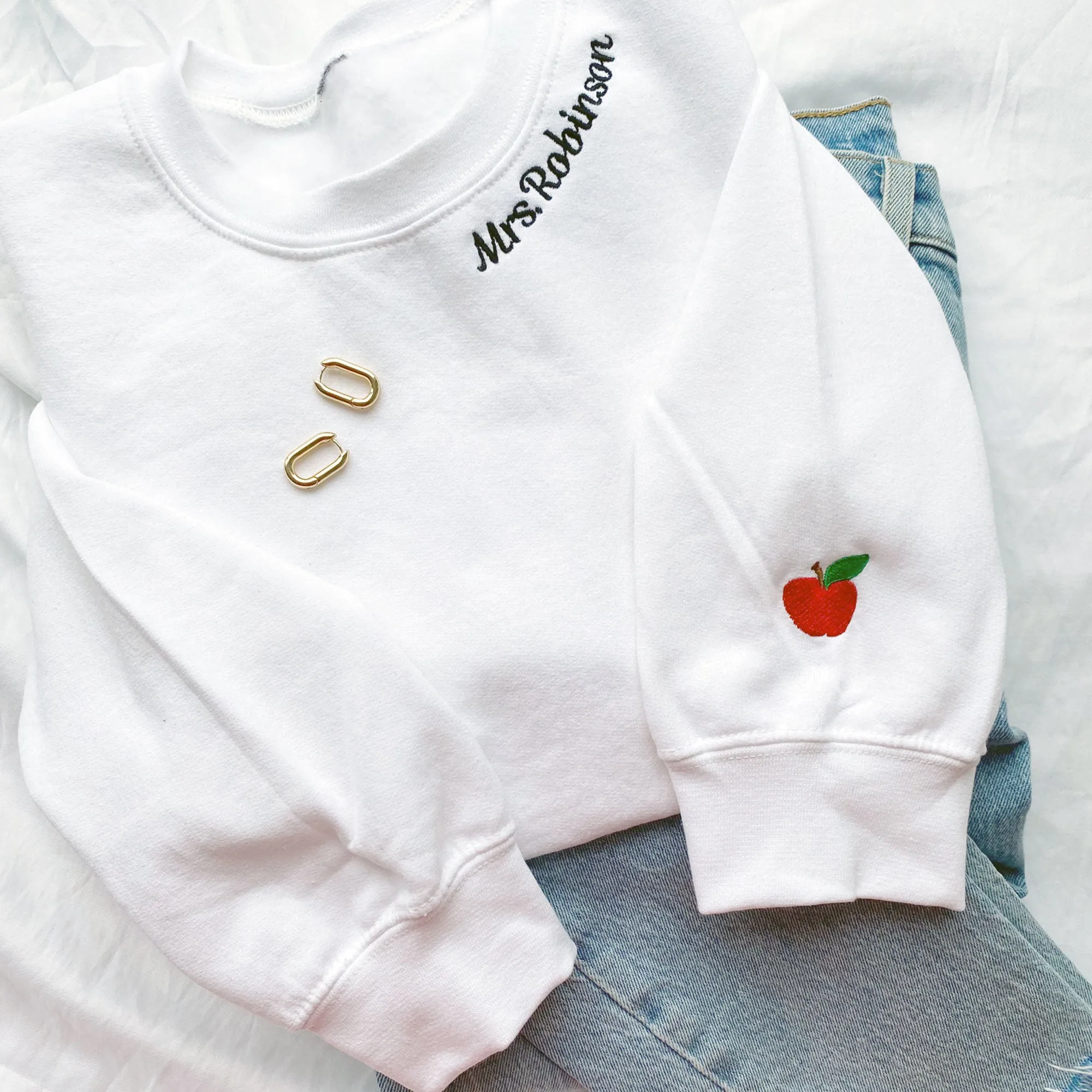 Embroidered Neckline Gemma Crewneck Sweatshirt with Mini Apple on the Cuff