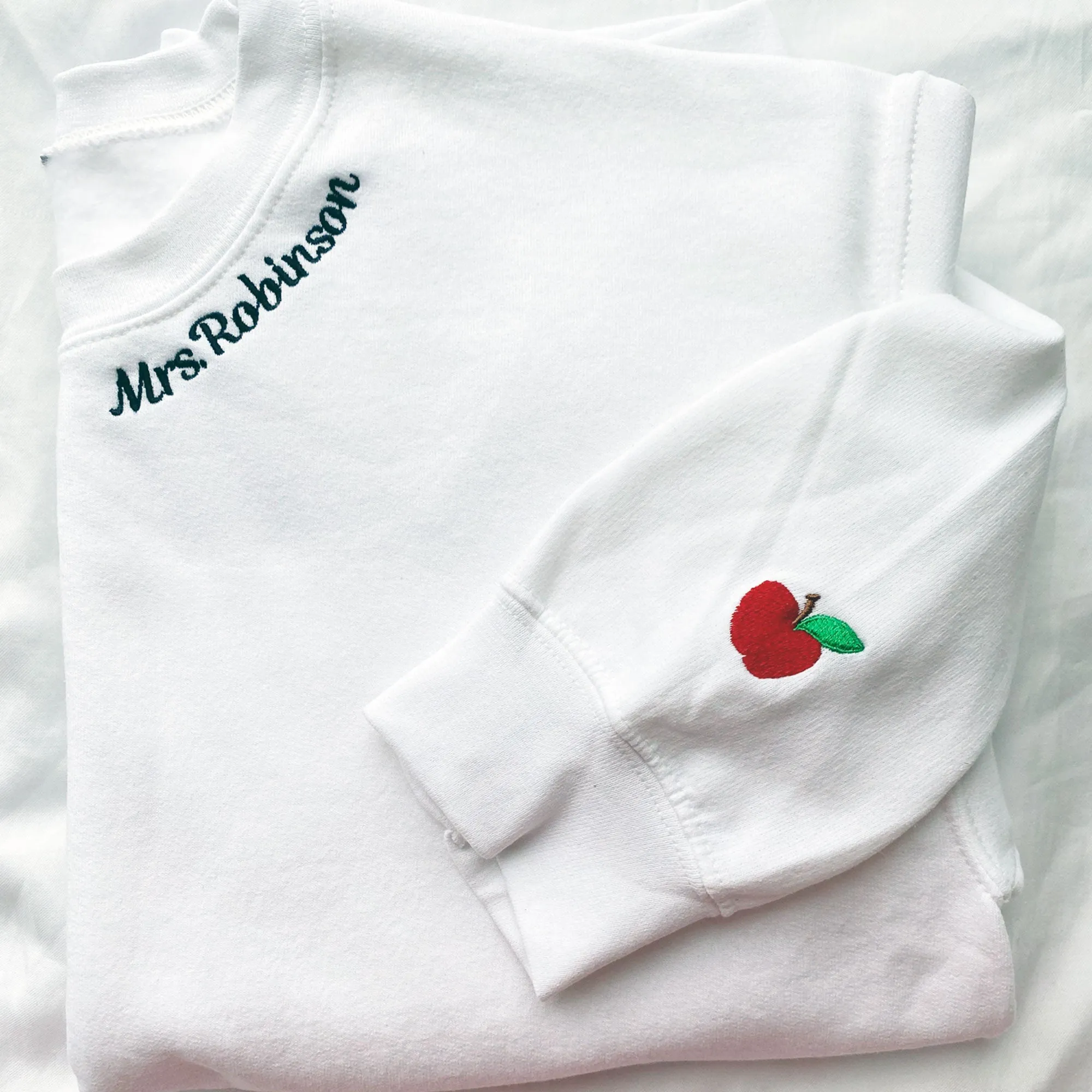 Embroidered Neckline Gemma Crewneck Sweatshirt with Mini Apple on the Cuff