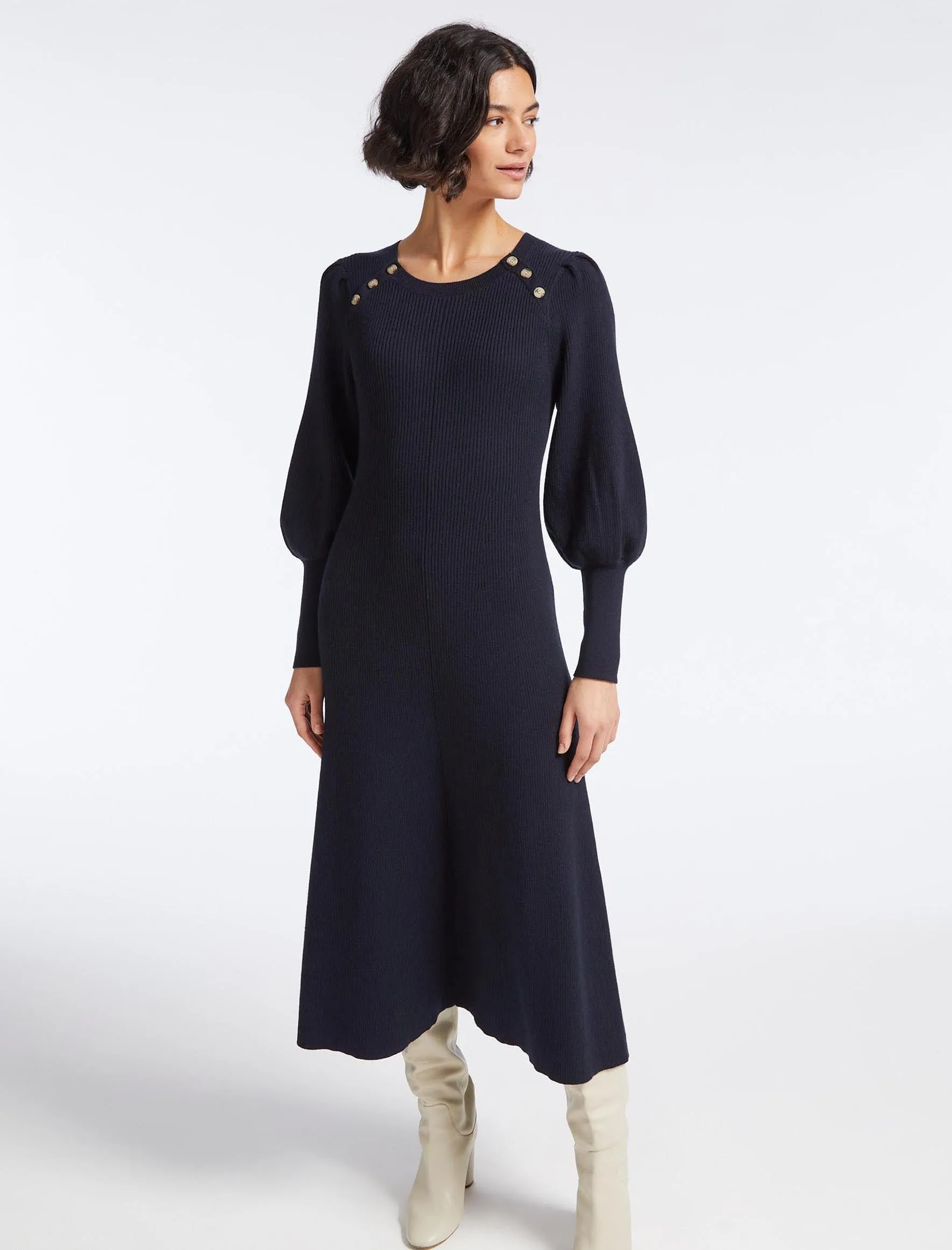 Eva Wool Round Neck Dress - Navy