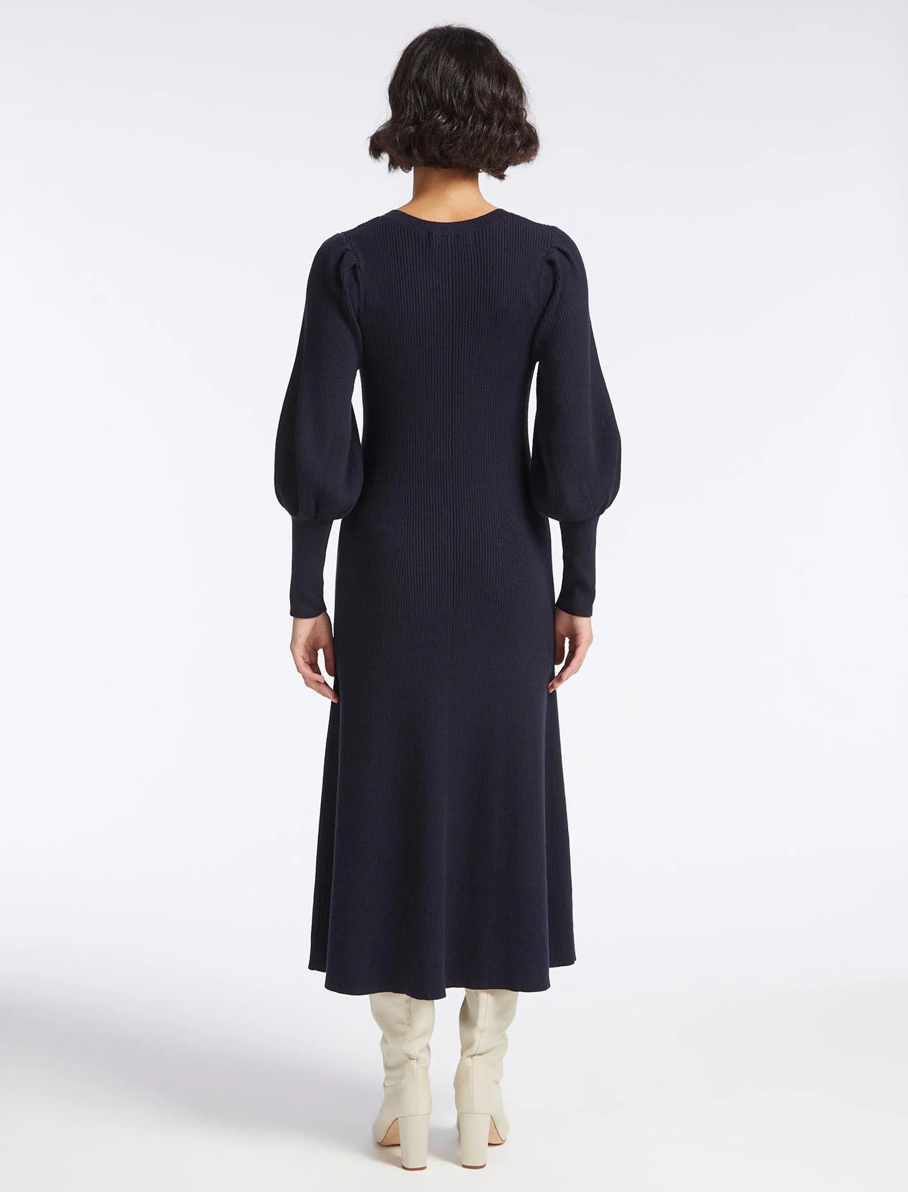 Eva Wool Round Neck Dress - Navy