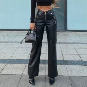 Fall Women High Waist Straight Loose Wide Leg Casual Pants Leather Pants