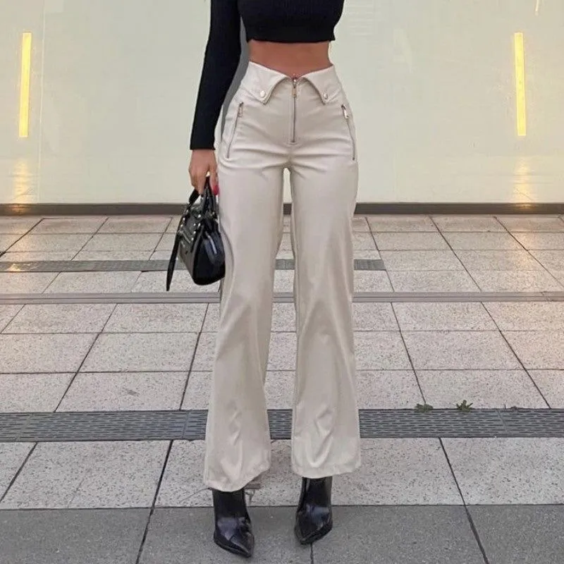 Fall Women High Waist Straight Loose Wide Leg Casual Pants Leather Pants