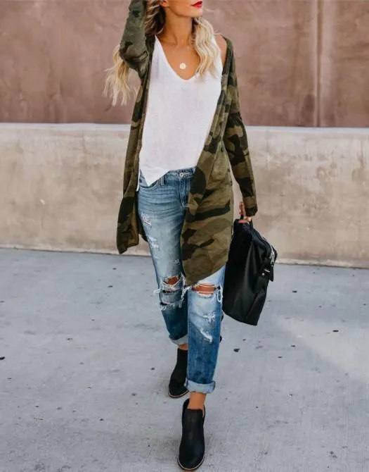 Fashion Camouflage Fall Long Cardigan Overcoat