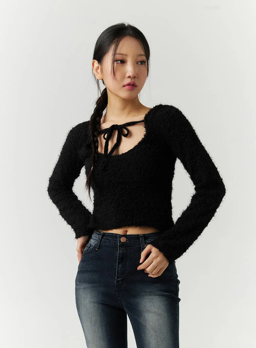 Faux Fur Cropped Sweater with High Collar Ribbon CD301