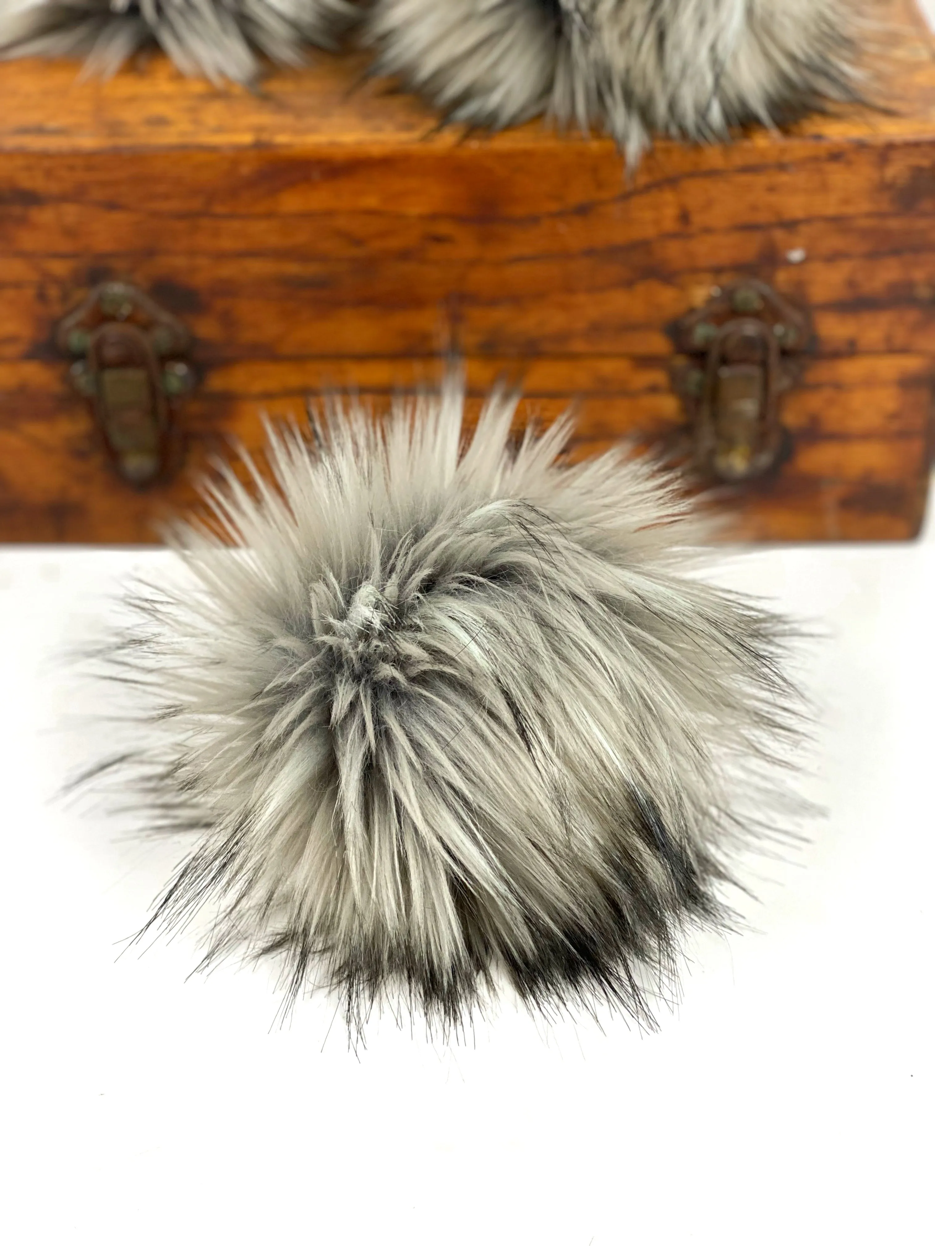 Faux Fur Pom Pom "Grey Wolf" Poms for Knit Crochet Hats Beanies Handmade by Kitchen Klutter