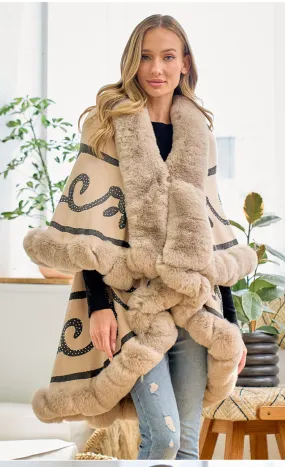 Faux Fur Trim 2 Layer Poncho Jacket