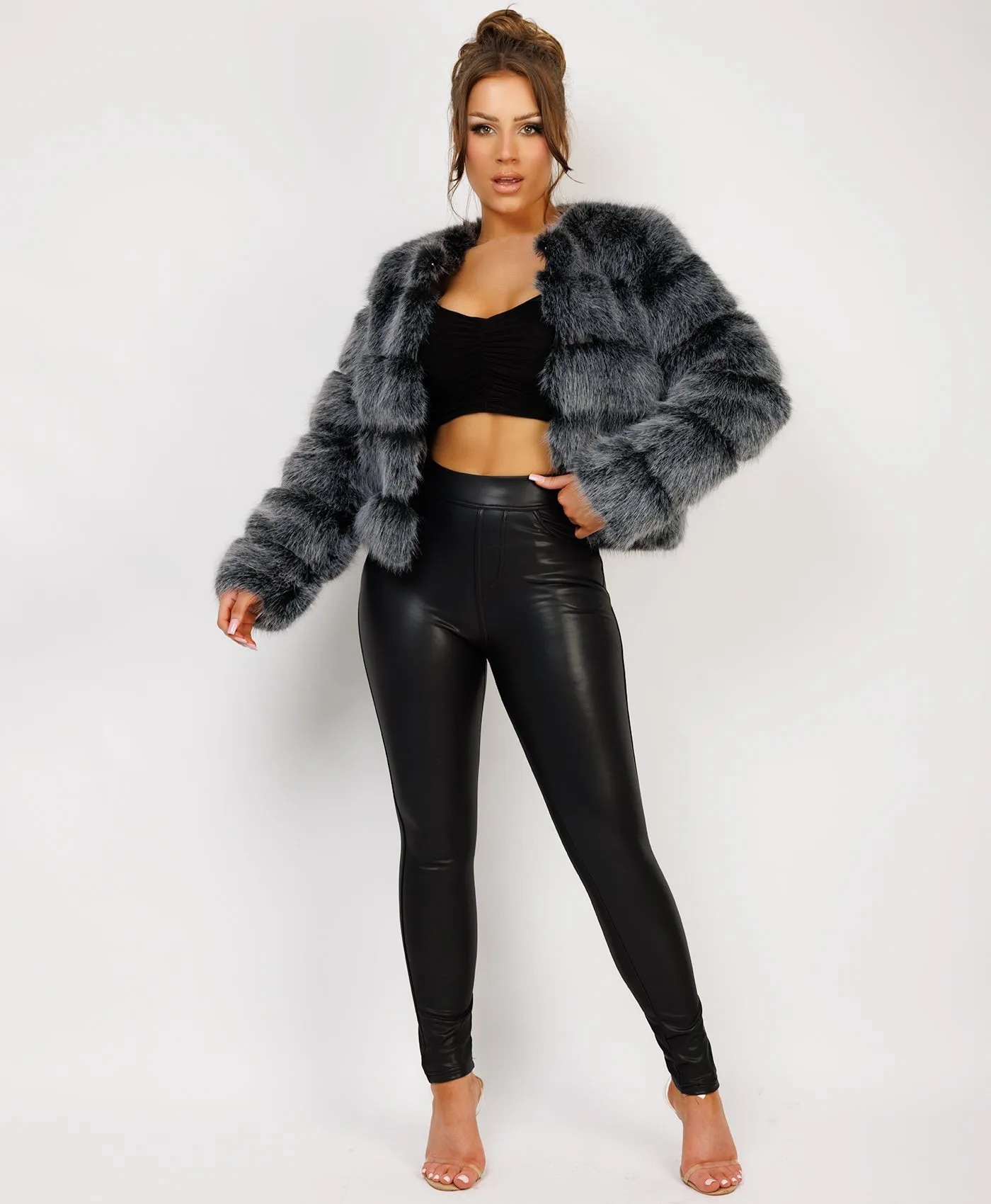 Frosted Black Premium Faux Fur Tiered Coat Jacket