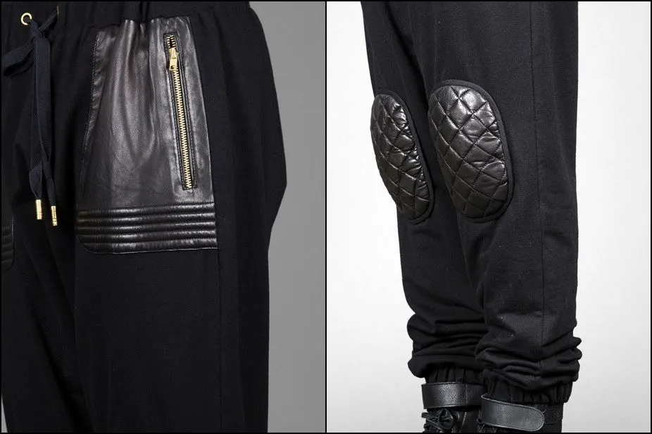 Future Moto Pants With Faux Leather Knee Patches and Two Silver Zip Leather Pocket