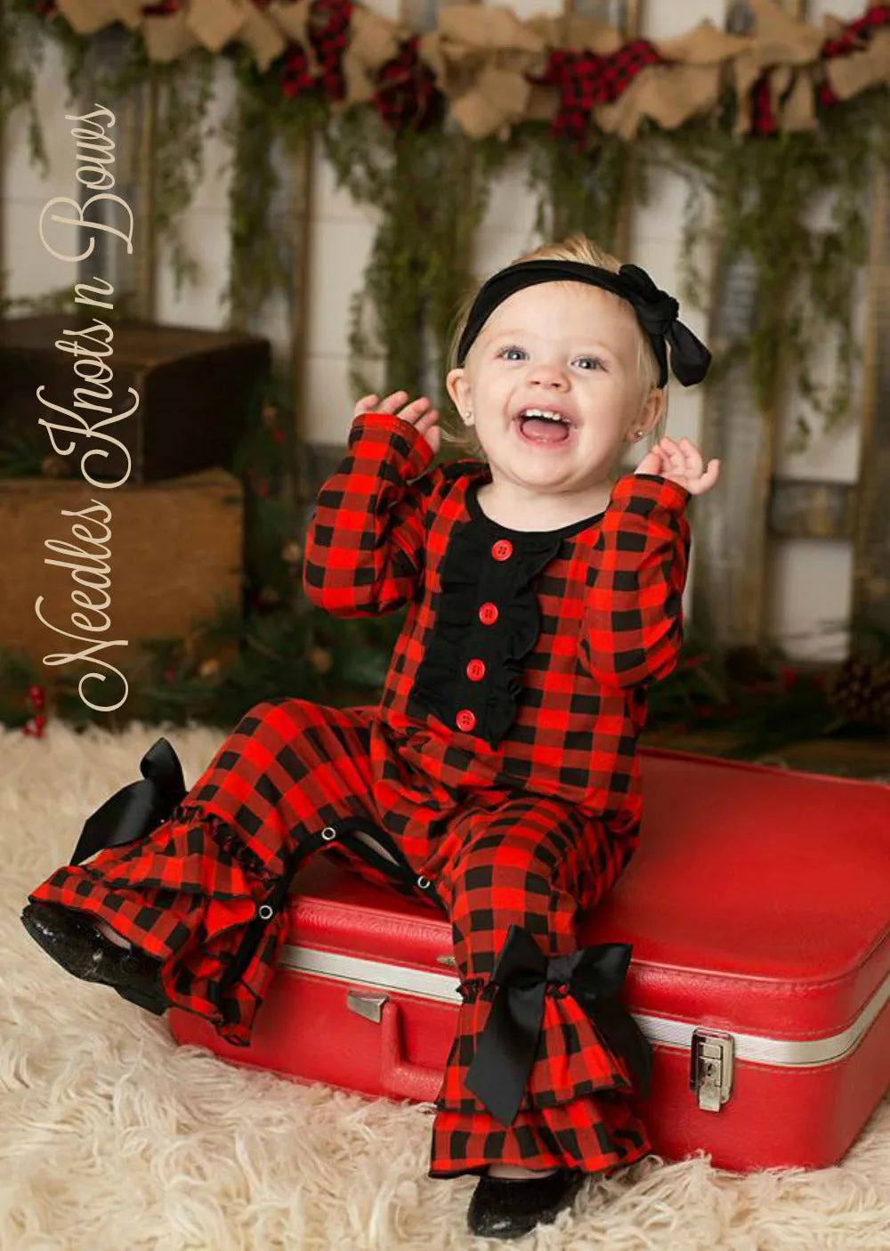 Girls Buffalo Plaid Christmas Romper