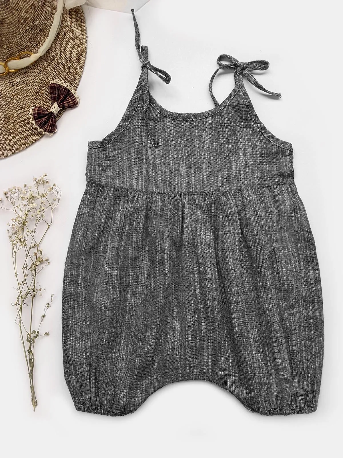 Girl's Grey Slub Cotton all Season Romper With Narrow Strings  - HALEMONS