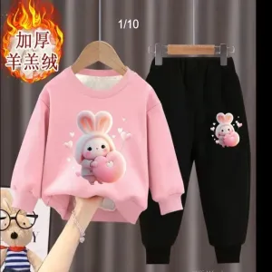 Girl's internet celebrity new little bunny stylish plush thickened hoodie two-piece set for girls and babies fashionable winter