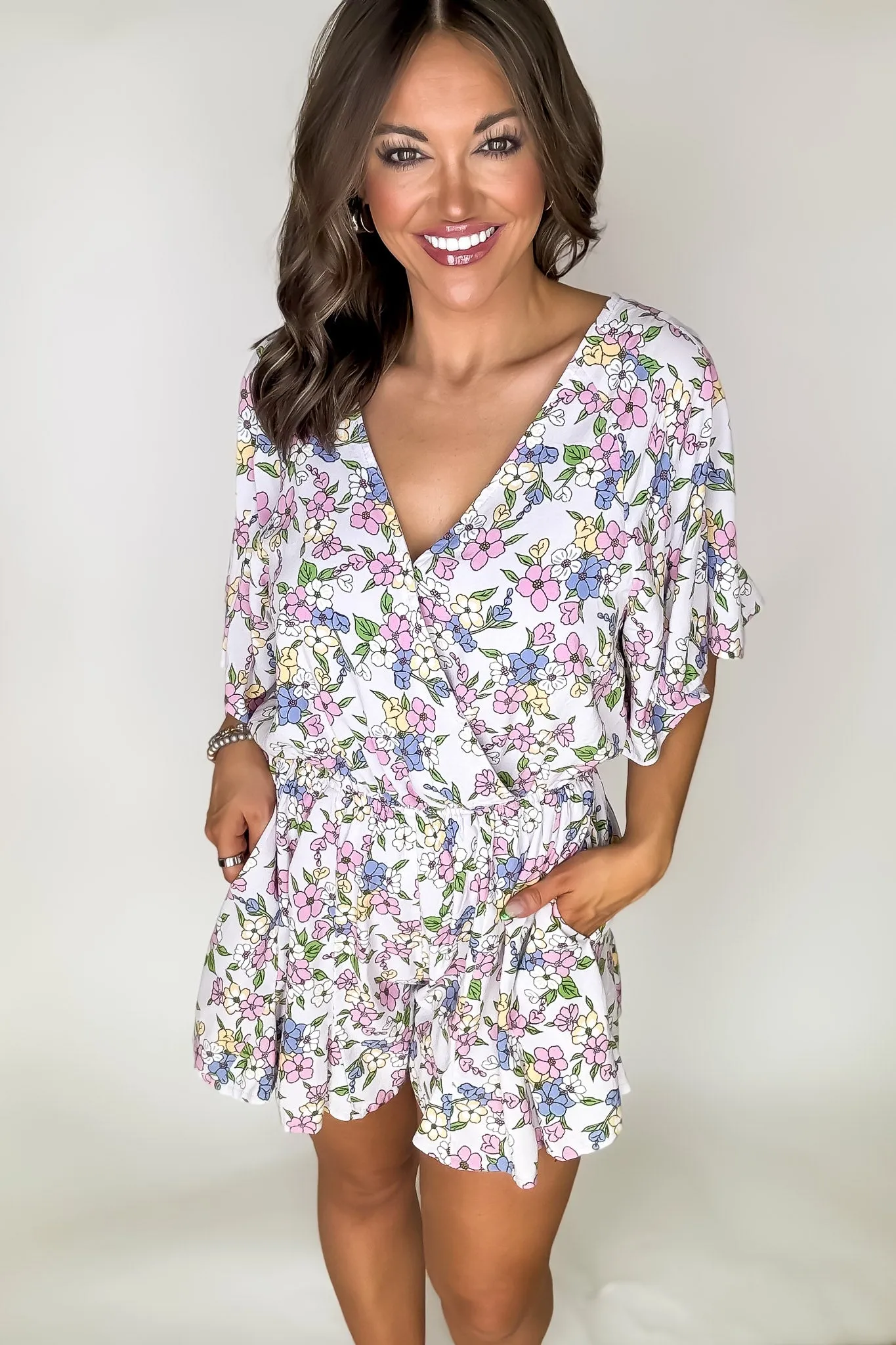 Happy Flower Print Ruffled Wrap Style Romper