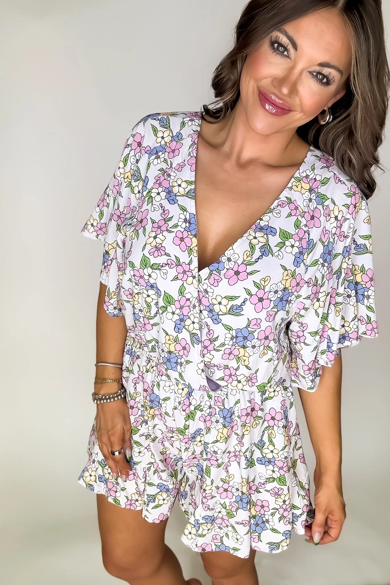 Happy Flower Print Ruffled Wrap Style Romper