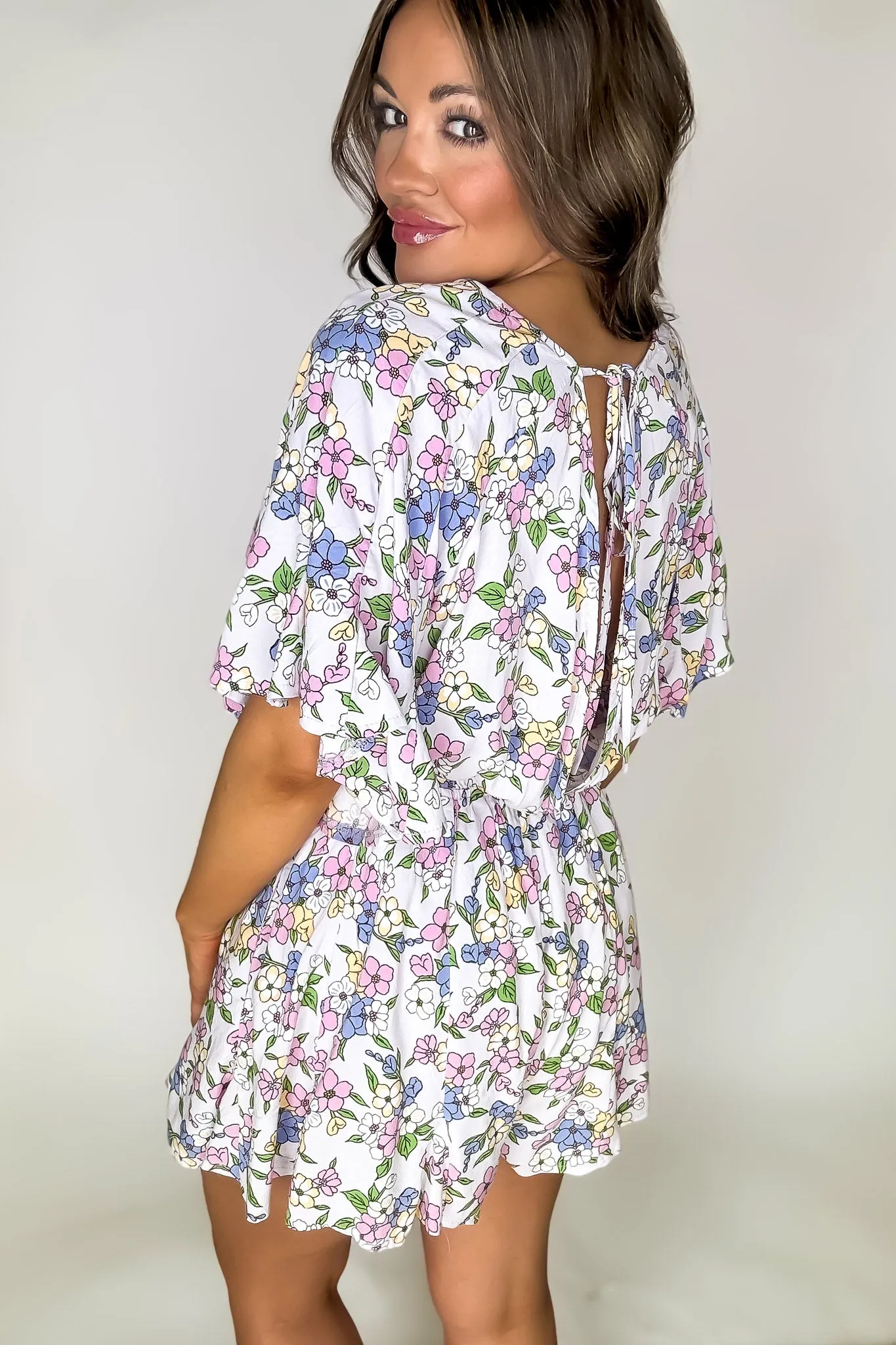 Happy Flower Print Ruffled Wrap Style Romper