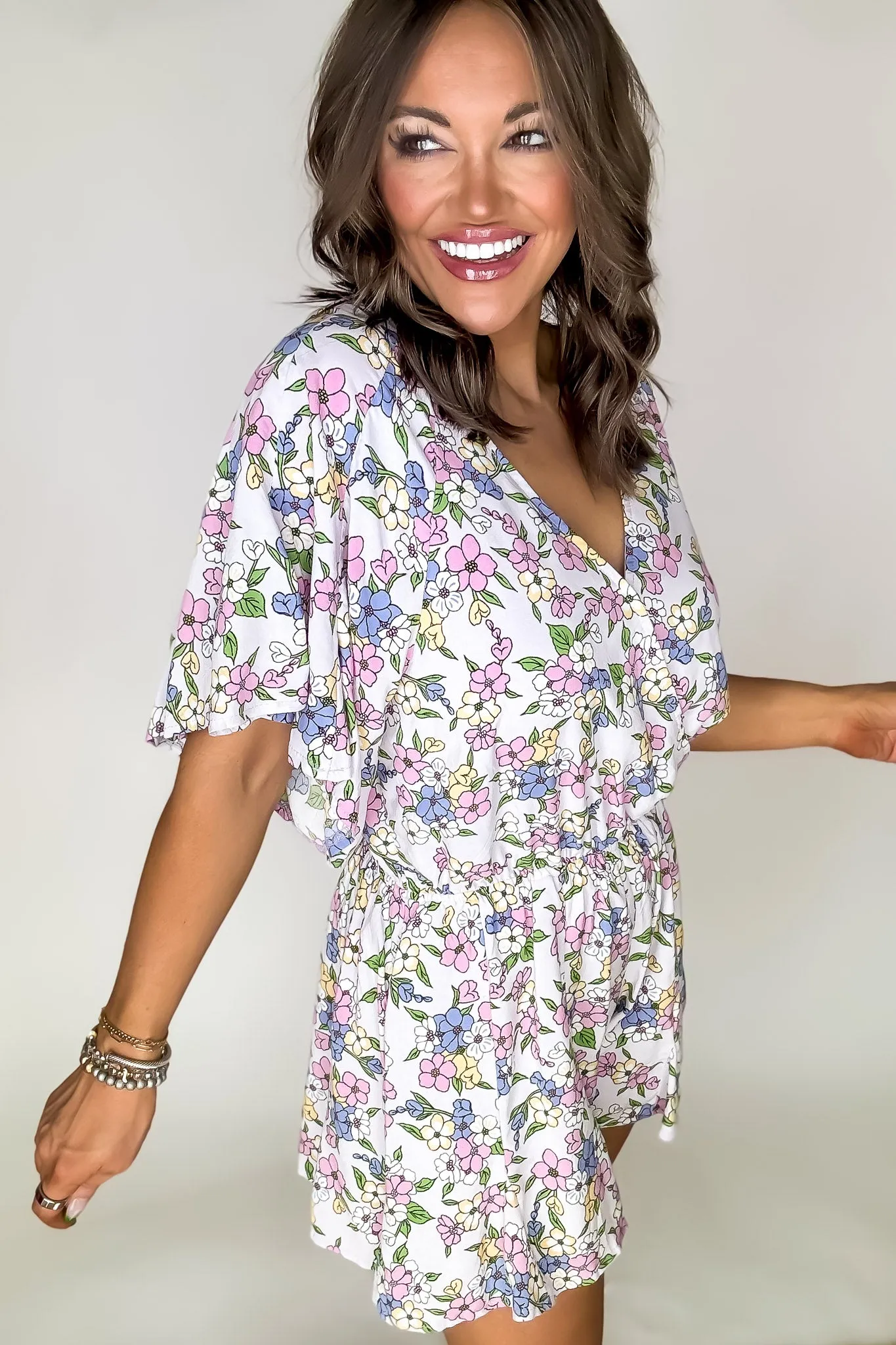 Happy Flower Print Ruffled Wrap Style Romper