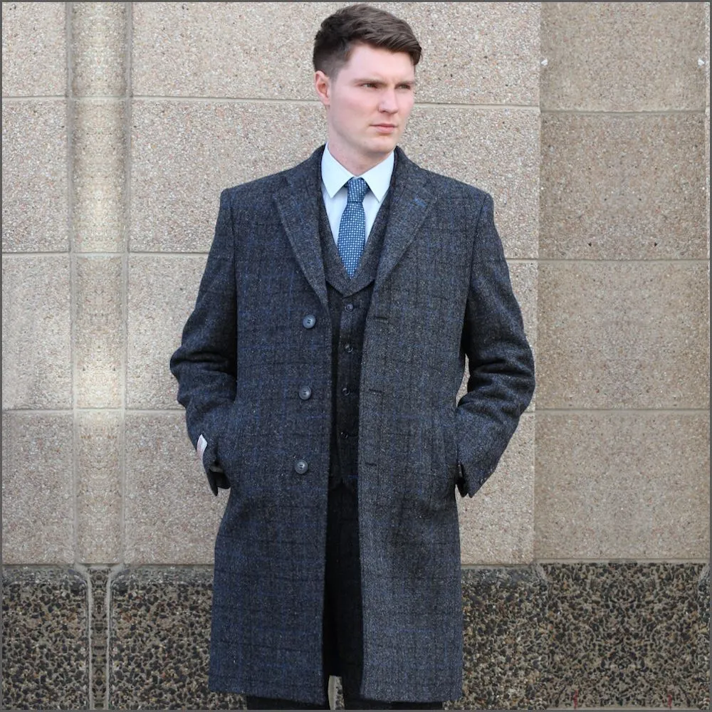 Harris Tweed Charcoal with Blue Check Overcoat--