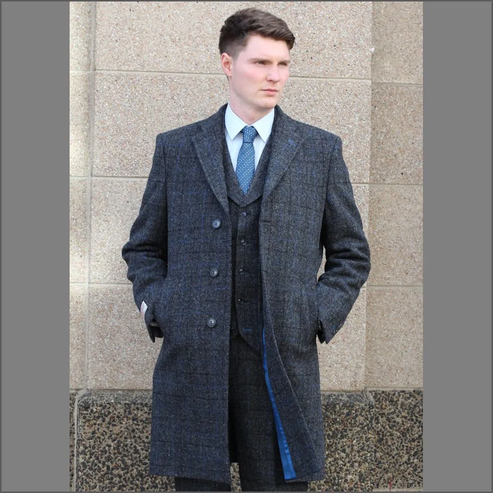 Harris Tweed Charcoal with Blue Check Overcoat--