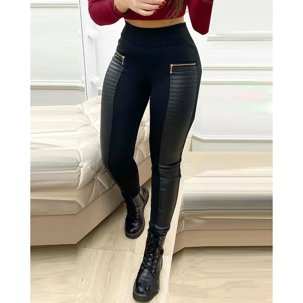 High Waist Zip Pocket Pleated PU Leather Stretch Leggings