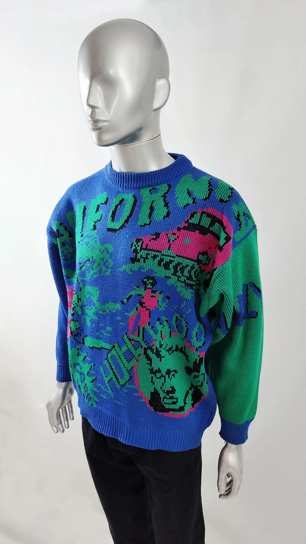 Hollywood California Vintage Mens Pop Art Blue Knit Sweater, 1980s