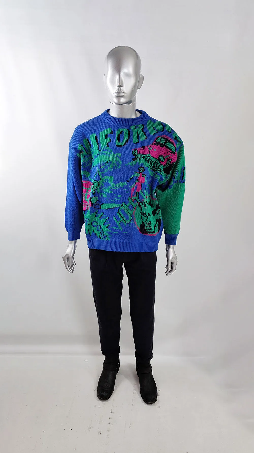 Hollywood California Vintage Mens Pop Art Blue Knit Sweater, 1980s