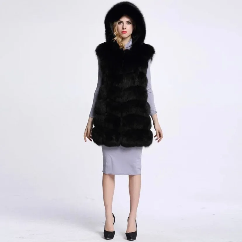 Hooded 7 Row Panelled Faux Fur Gilet