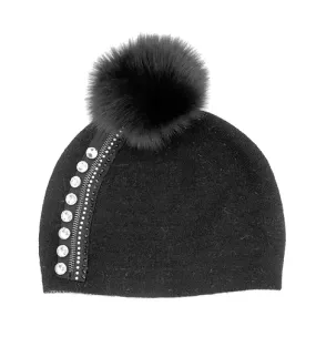 HTIM80 - Knit Hat w/ Zipper, Crystals, and Fox Pom