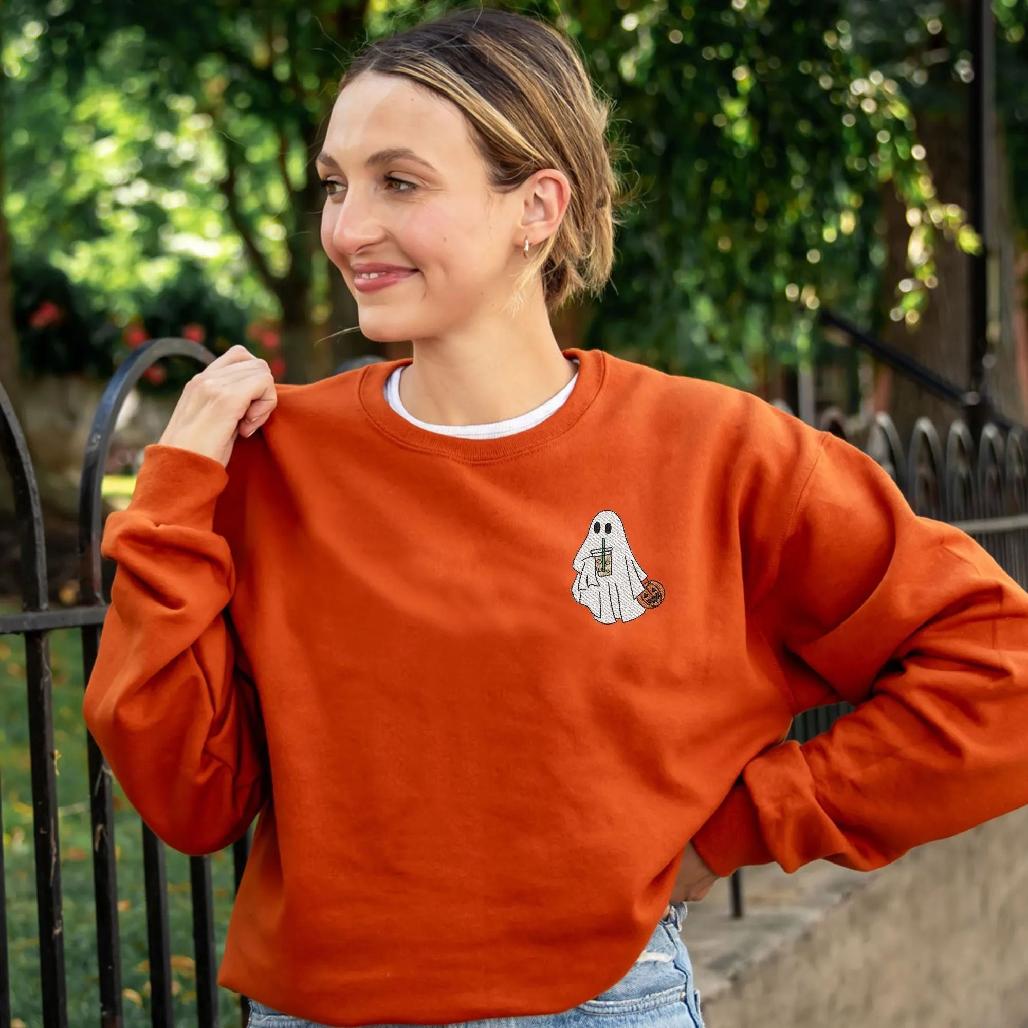 Iced Coffee Ghost Embroidered Halloween Gemma Crewneck Sweatshirt