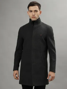 Iconic Men Grey Solid Standing Collar- Convertible Full Sleeves Overcoat